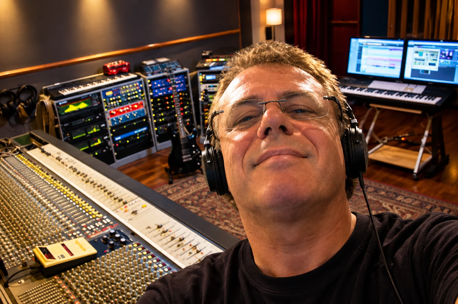 William Deach nello studio di registrazione, con cuffie e mixer audio